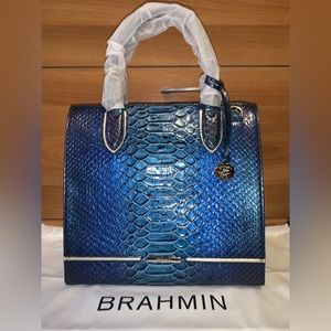 NWT Brahmin Caroline Large Satchel Bag Saphire Ateague Leather Blue
